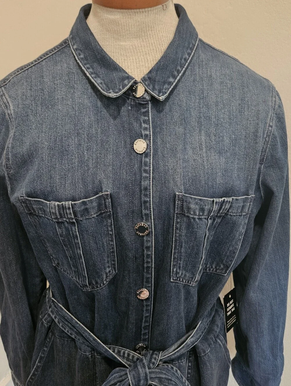 Express Denim Jean Romper Size Large – Button Front Belted Blue Jean Romper for - Picture 5 of 7